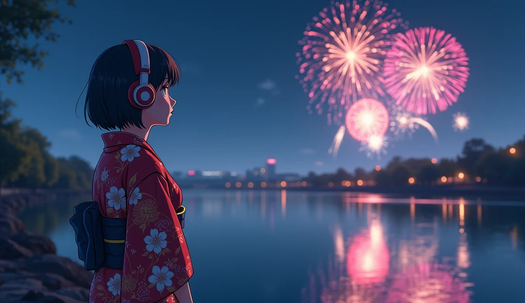 Perfect image, night、Calm atmosphere、Riverbank、Watch the fireworks、excited、high school girl、yukata、Big Breasts、Short Hair、Use headphones、8k, 2D-style animation, Lo-Fi、Retro、Anime style illustrations、Line art with clear outlines