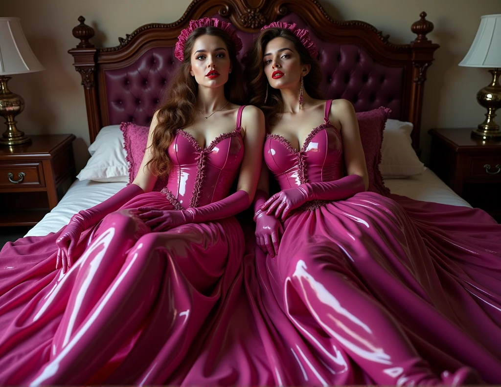 two Latex Maid, Wide victorian latex Princess magenta wedding gown, show titts, red lips, brown hair, Wide Petticoat, lying in bed, The whole dress touches the floor, overkneehigh latex boots, Latex gloves, Beautiful Long hair with ringlets, Picture from head to toe, Latex,