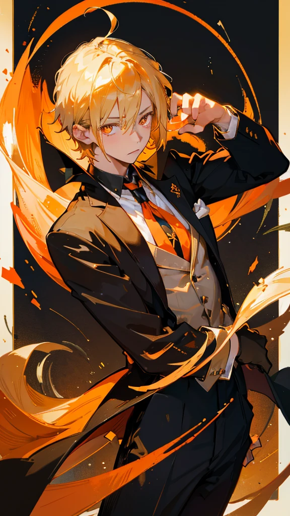 Beautiful young man, Blonde hair, Orange Eyes, Short hair, Grasp the black rabbit&#39;s neck and lift it up., badness, Cool black costume, Wickedness, Cloudy background with fence, amount of drawing, pixiv illustration, Surrealism, chiaroscuro, cinematic lighting, UHD, high details, best quality, highres, 16k