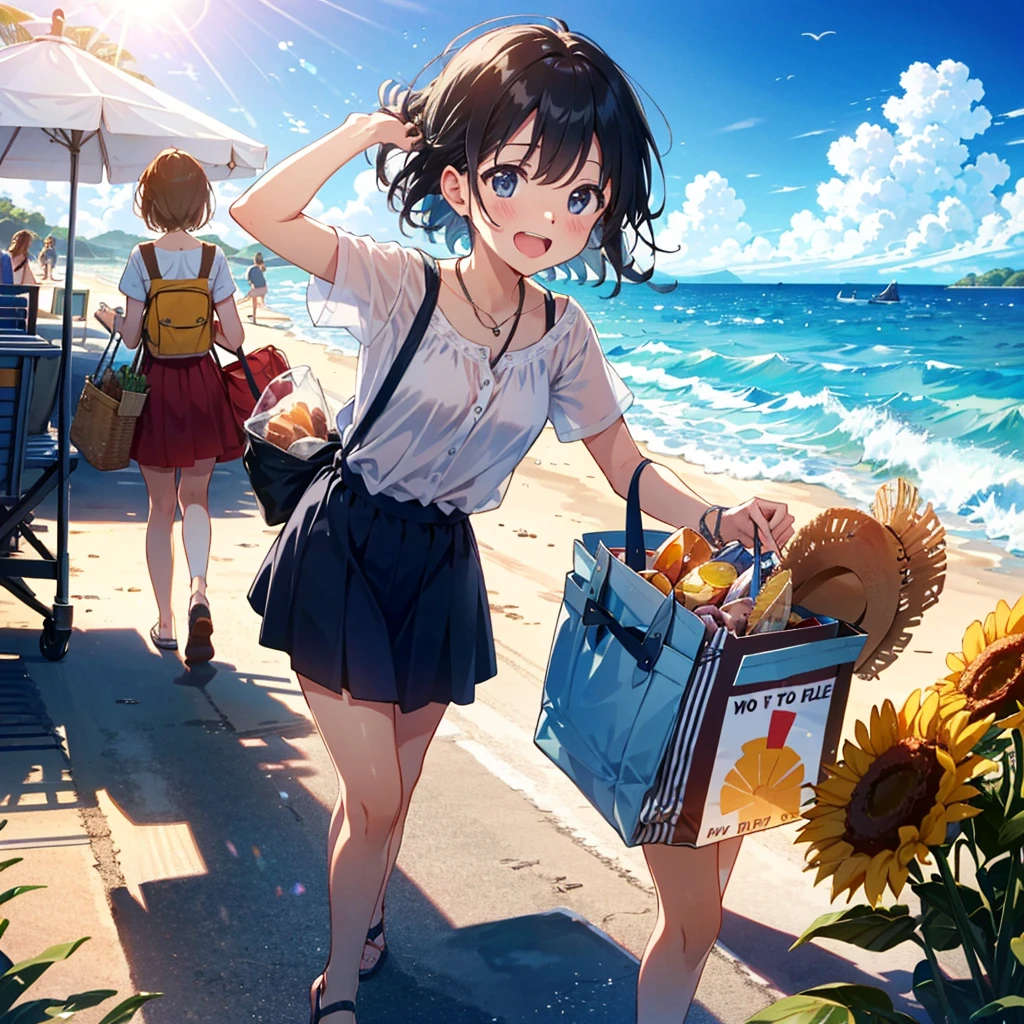 We're all going on a summer holiday, working for a week, Fun and laughter on our summer, worries, week, We, sun shines, We, where the sea is blue We, movies, let, see