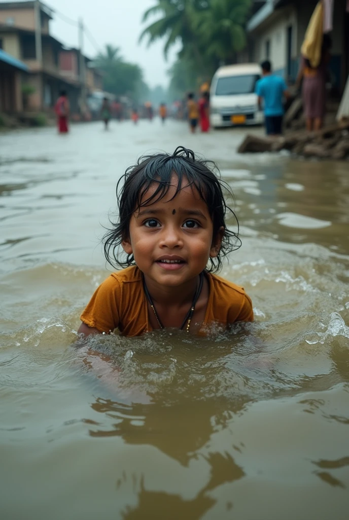 A small child 3years old is stuck in Bangladesh  flood waters, and cries to be rescued, taking a realistic photo