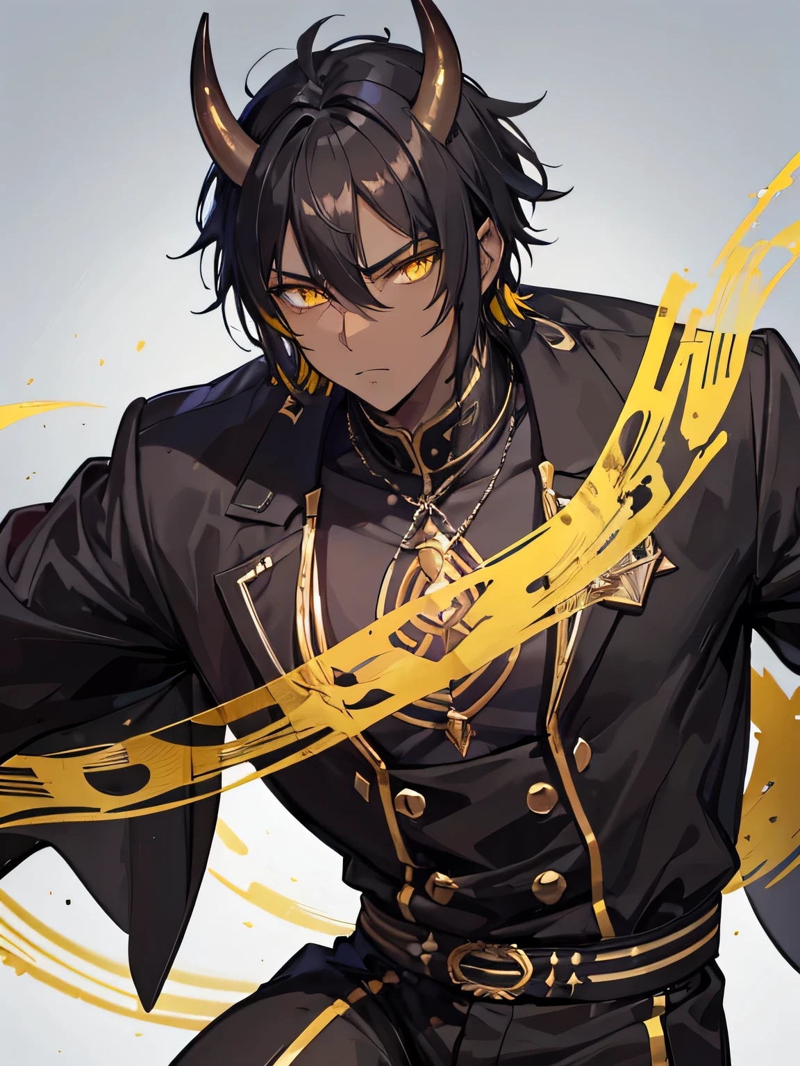 A handsome man, Black Oni, serious, yellow eyes color, dark balck hair color, Oni horns, 3, dark brown skin color, black, short hair