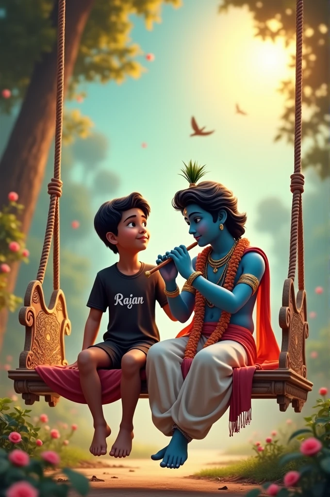 Create 3D image of 1 Indian devotional boy sitting next to Krishna ji and Krishna ji is playing flute, they both are on swing and swing is nicely decorated and sitting together, boy is wearing black color T-shirt with name “RAJAN” written on it, heaven like beautiful scene background, peacock dance, realistic image and boy is bare feet