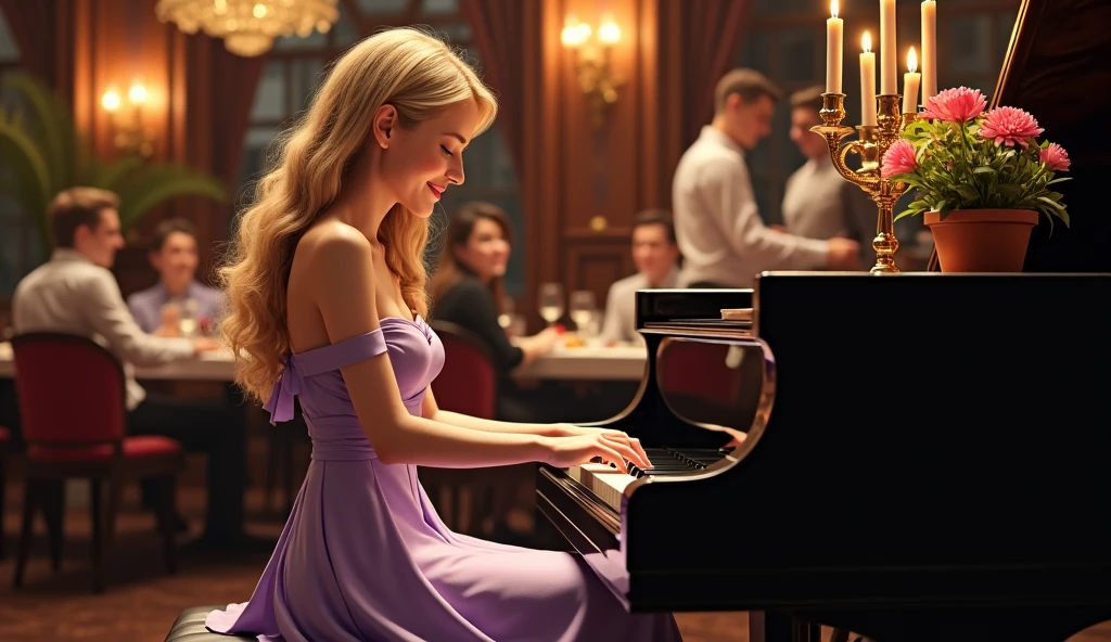 In a luxurious high-end steakhouse，There is a player grand piano with wooden accents and ornate chandeliers，A candlestick with three candles and a multi-colored flower pot are placed on the piano.。Customers enjoying delicious food，Waiters shuttle among them。A young female pianist is playing jazz，light smile，She has long blond curly hair，There is a sea on the forehead，She is wearing a lavender off-shoulder evening dress，Surrounded by movie-like warm tones，Shallow and deep field blurs elegantly compose images，Perfectly capturing the sophisticated ambience of this high-end dining venue。
Avoid abnormal fingers。