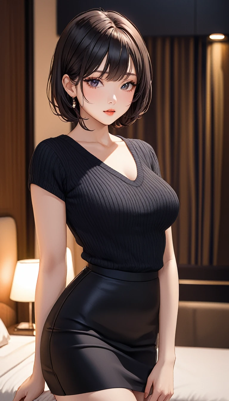 masterpiece, high resolution, beautiful woman, Korean Beauty, 30 years old, black sleeve less sweater, mini pencil skirt, beautiful woman, night hotel, standing and looking at me, high resolution face, (high resolution eyes), black hair, little curvy, big breast