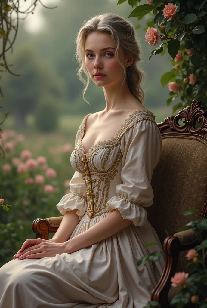 A brunette girl with curly hair and big breasts sits with her legs stretched out, taking a realistic photo Draw me a woman 2 lived around 1850 was wealthy has blonde hair with grey streaks has purple eyes is very thin and very pretty and 160cm tall with stockings and she should look more realistic whole body like a photo she should wear a beautiful dress in with legs you can draw her like real longer and more elegant dress people similar to 1850 without labels on the side just the portrait the background should be a beautiful garden