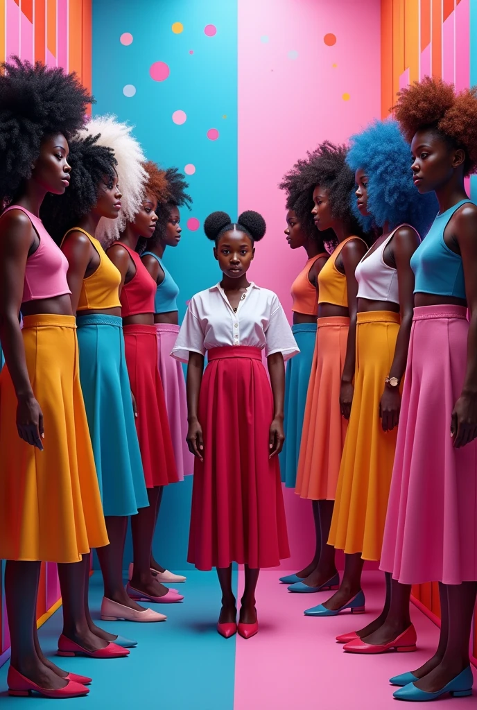 I want a background full of different colors and sizes of skirts on one side and another side different colors and sizes of hairs from black to white and blue and brown
With a brand name chic couture and motto fi the boss gyals