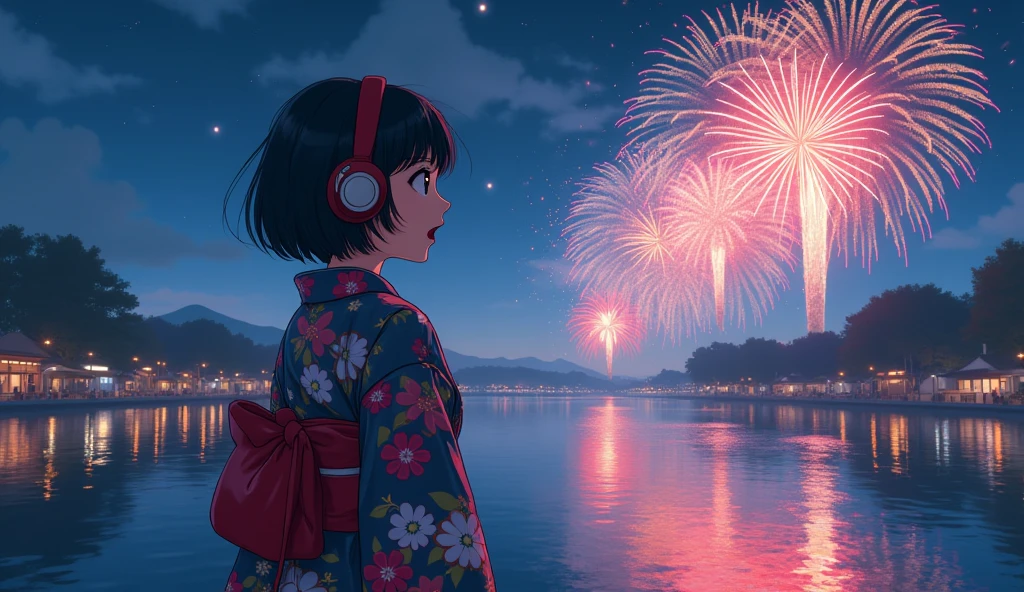 Perfect image, night、Calm atmosphere、Riverbank、Watch the fireworks、high school girl、yukata、Big Breasts、Short Hair、Use headphones、excited、looks fun、8k, 2D-style animation, Lo-Fi、Retro、Anime style illustrations、Line art with clear outlines