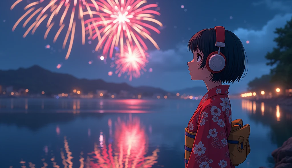 Perfect image, night、Calm atmosphere、Riverbank、Watch the fireworks、high school girl、yukata、Big Breasts、Short Hair、Use headphones、excited、looks fun、8k, 2D-style animation, Lo-Fi、Retro、Anime style illustrations、Line art with clear outlines