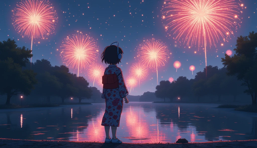 Perfect image, night、Calm atmosphere、Riverbank、Watch the fireworks、high school girl、yukata、Big Breasts、Short Hair、Use headphones、excited、looks fun、8k, 2D-style animation, Lo-Fi、Retro、Anime style illustrations、Line art with clear outlines
