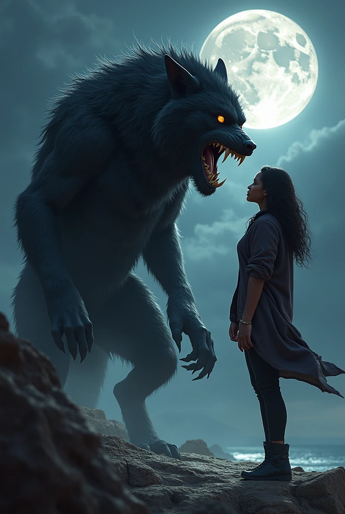 A realistic picture of a werewolf with black fur and amber eyes standing on his back paws growling at a young black lady while the moon stood tall behind the werewolf on a cliff