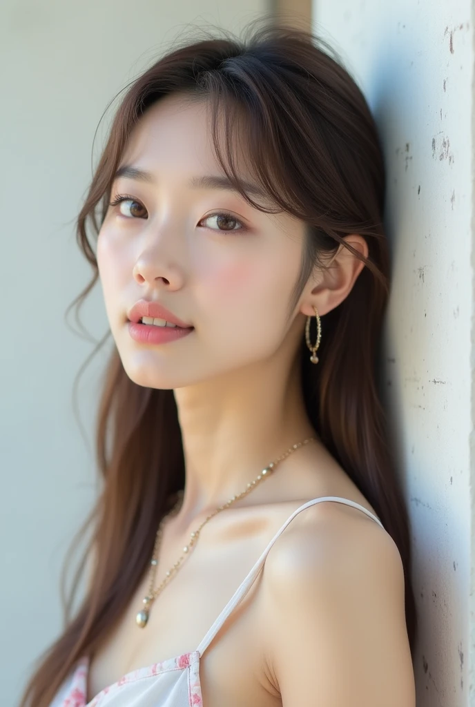 White concrete background、(8k、RAW Photos、Highest quality、masterpiece:1.2)、High-quality RAW color photos、Professional photos、(Realistic、フォトRealistic:1.37)、Photographed in natural light、Japanese female 1 person,necklace、Pastel camisole、(Beautiful profile:1.3)、profile、Straight long hair、(Light brown hair)、Eye color is brown、(Beautiful profile:1.3)、Correct hand of human body、Simple earrings、Looking at the camera
