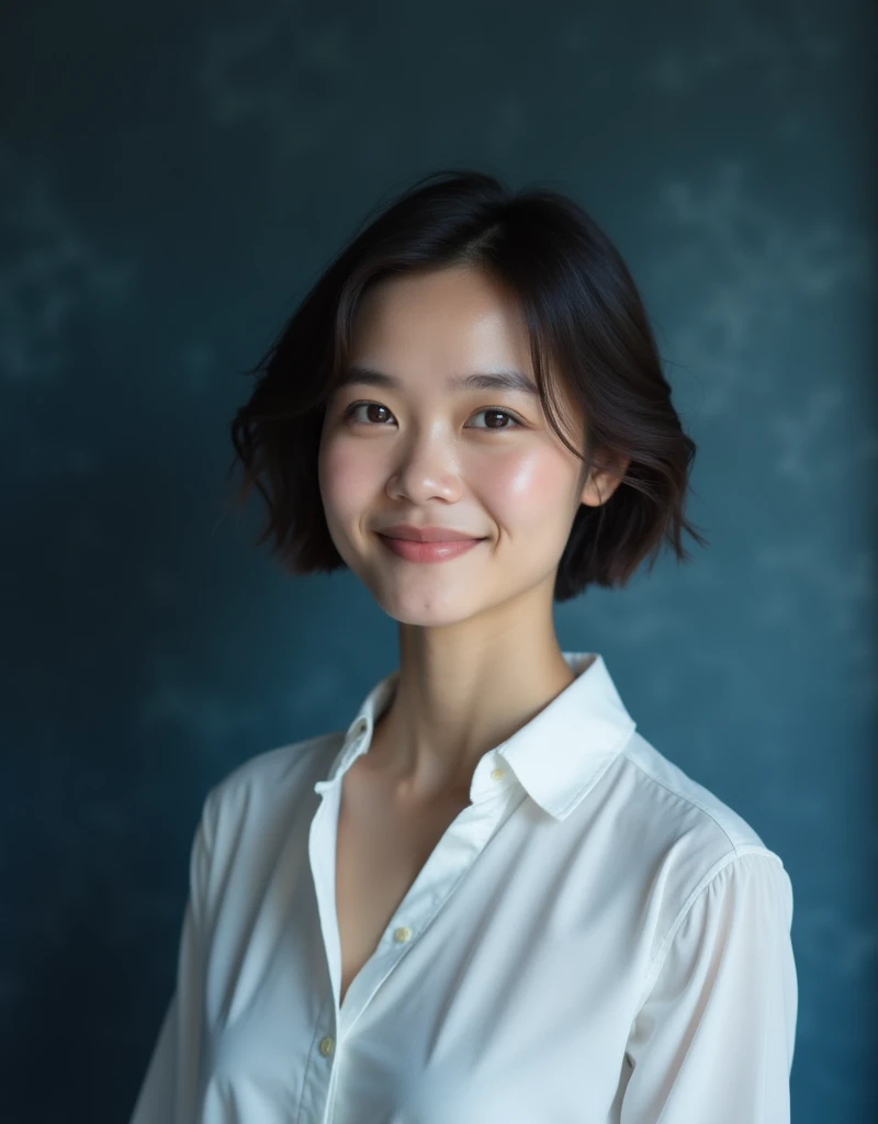 Portrait, Beautiful Thai 35 years short dark brown hair, thin smile, wearing white shirt, blue smokey on the background
