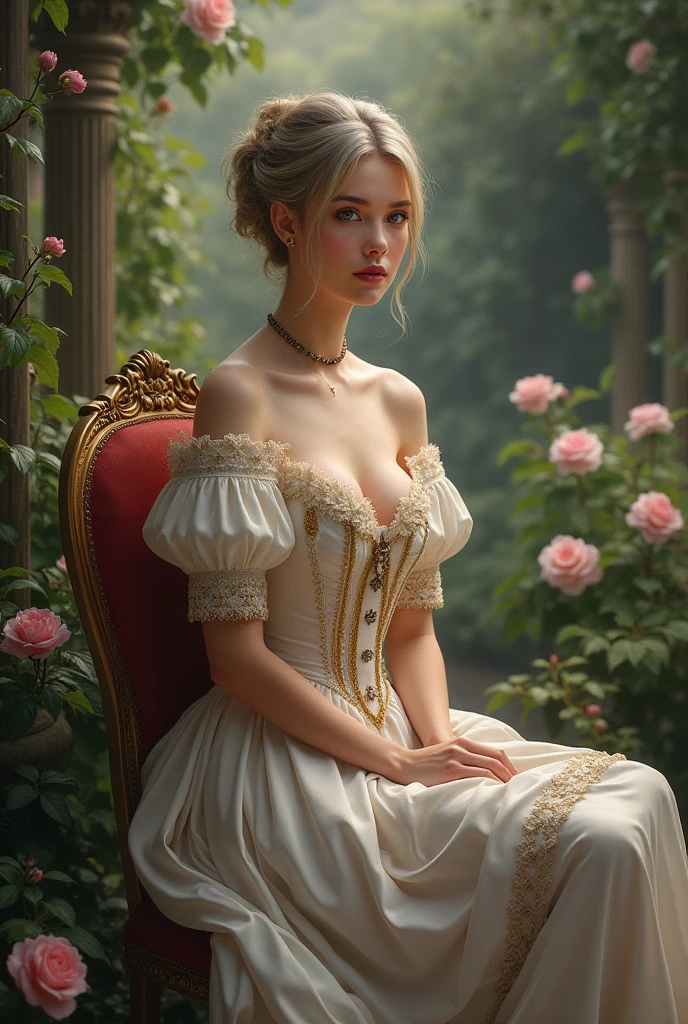 A brunette girl with curly hair and big breasts sits with her legs stretched out, taking a realistic photo Draw me a woman 2 lived around 1850 was wealthy has blonde hair with grey streaks has purple eyes is very thin and very pretty and 160cm tall with stockings and she should look more realistic whole body like a photo she should wear a beautiful dress in with legs you can draw her like real longer and more elegant dress people similar to 1850 without labels on the side just the portrait the background should be a beautiful garden
