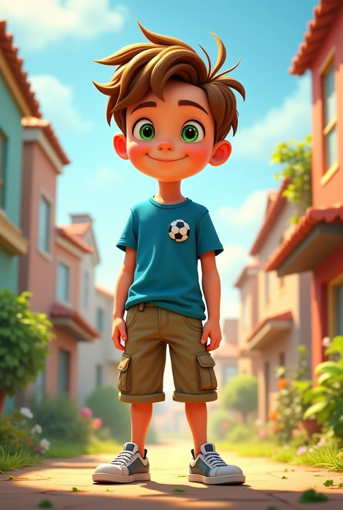 Sam
Age:
Gender: Male
Height: Average height for his age
Build: Slim and athletic, enjoys playing soccer
Hair: Short, light brown hair, slightly messy
Eyes: Bright green eyes, always full of curiosity
Clothing: Usually wears a blue t-shirt with a soccer logo, cargo shorts, and sneakers
Personality: Adventurous and energetic, Sam is often the leader of the group, always eager to explore new places. cartoon, avatar