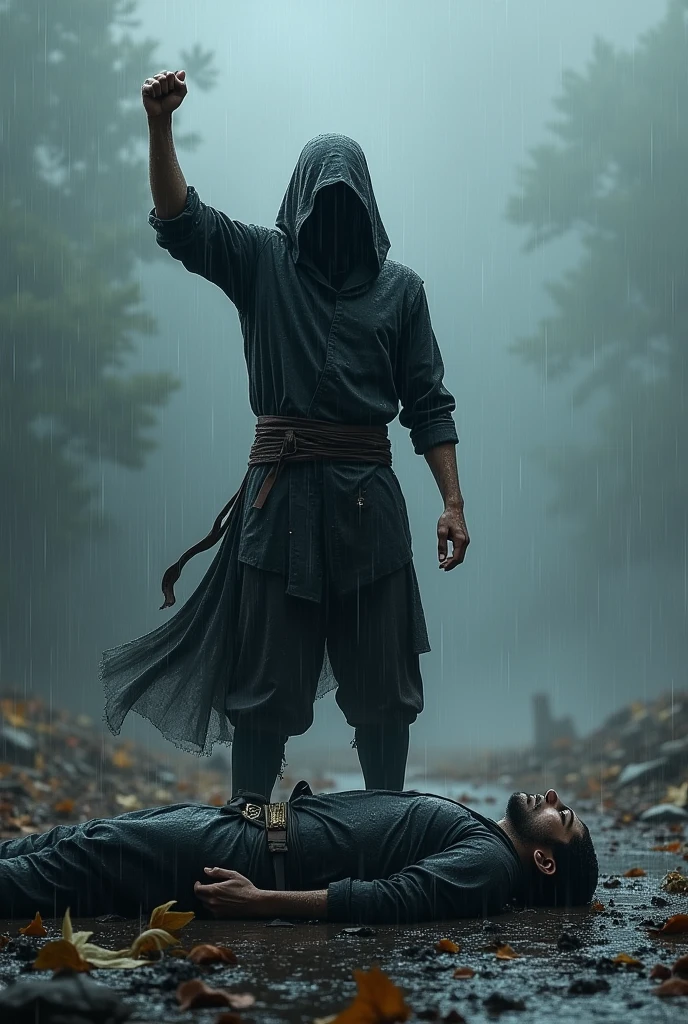 a ninja with his fist raised in the rain with his dead comrade in front of him
