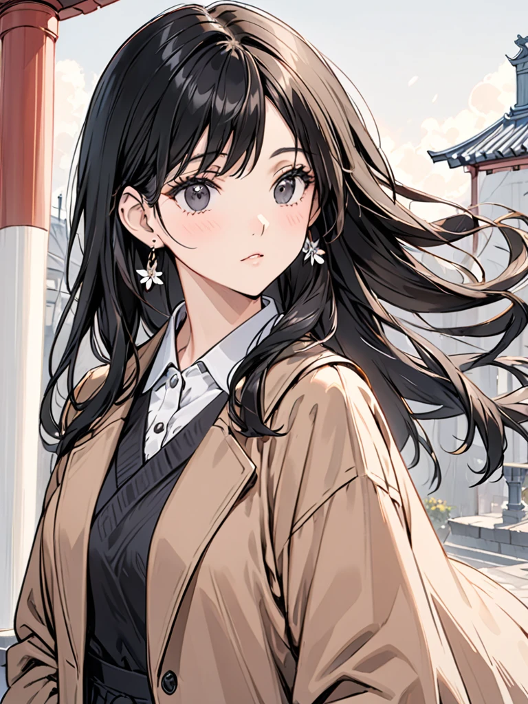 A 32 year old woman with long black hair with a little gray and black eyes, face and body, wearing a brown_coat,coat,collared_shirt,column,earrings.