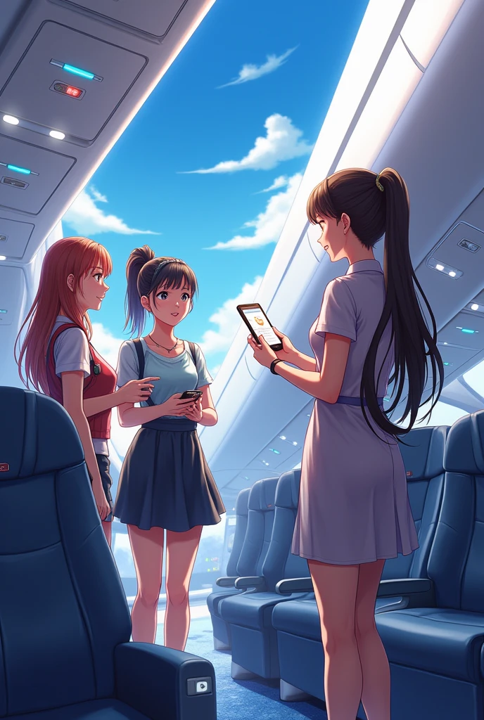 girl tourists talking to a flight attendant about the menu anime