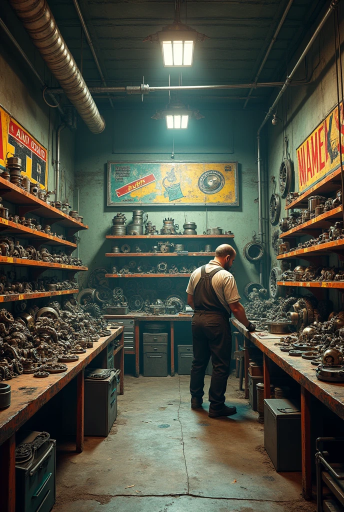 Industrial style spare parts store in green and grey colors