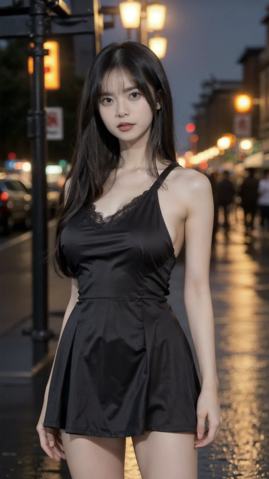 ((Best quality, 8k, Masterpiece :1.3)), A pretty clubs girl with perfect figure :1.4, Slender abs :1.3, ((Dark brown hair, Big breasts :1.2)), lace short dress, full body,  standing in rain under Street lights , red light district , Highly detailed face and skin texture, Detailed eyes, Double eyelid