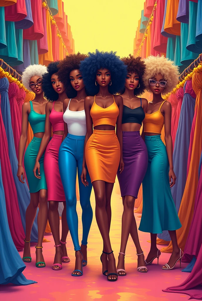 I want a background full of different colors and sizes of skirts on one side and another side different colors and sizes of hairs from black to white and blue and brown
With a brand name chic couture and motto fi the boss gyals in a store