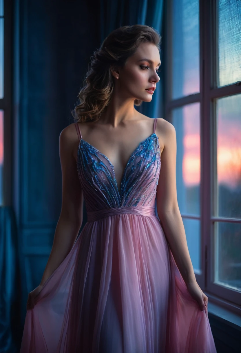 closeup shot, woman in a dress standing in front of a window, romanticism, in evening gown, flowing gown, wearing a flowing dress, mysterious woman, haunting beautiful young woman, wearing a pink flowing dress, flowing dress, woman in dress, extremely moody blue lighting,