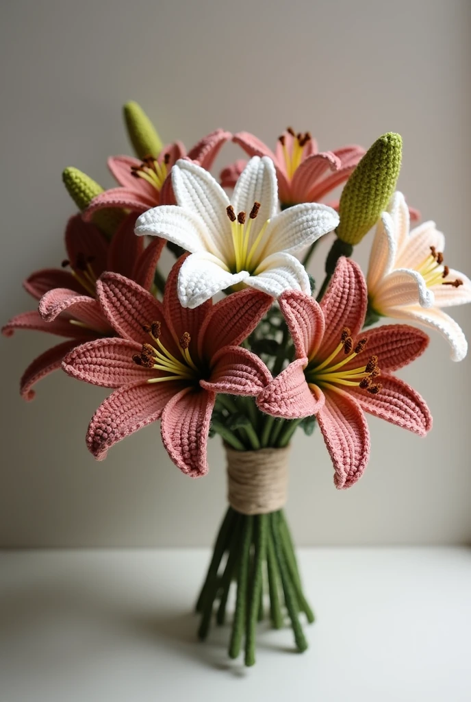 Create a crochet bouquet with lily of dark brown, beige , pink and white colour Palette