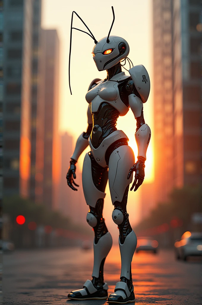 Fire ant in white glossy cyborg costume standing between sky scrapers at sunset