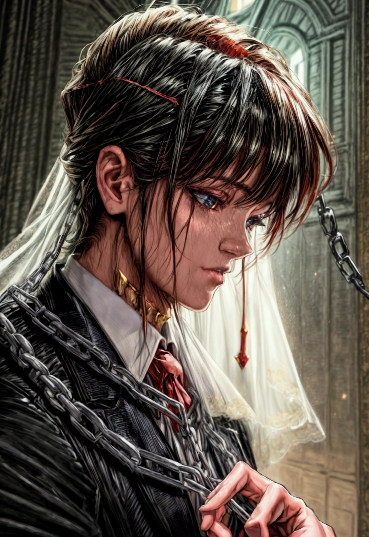 oil painting anime comic art, Julie Bell art of a groom held by ((radiant chains: 1.2)), in his wedding day and his bride, a handsome groom, wearing suit and tie, BREAK AND a beautiful, sexy bride, busty bride, wearing white lace wedding dress, the chain holds the groom, with chains, the chain forms the shape of red glowing heart, cinematic light, High Detail, Ultra High Quality, High Resolution, 16K Resolution, Ultra HD Pictures, Ultra Realistic, Clear Details, Realistic Detail, Ultra High Definition, rpg portrait, chain leash, Comistyle