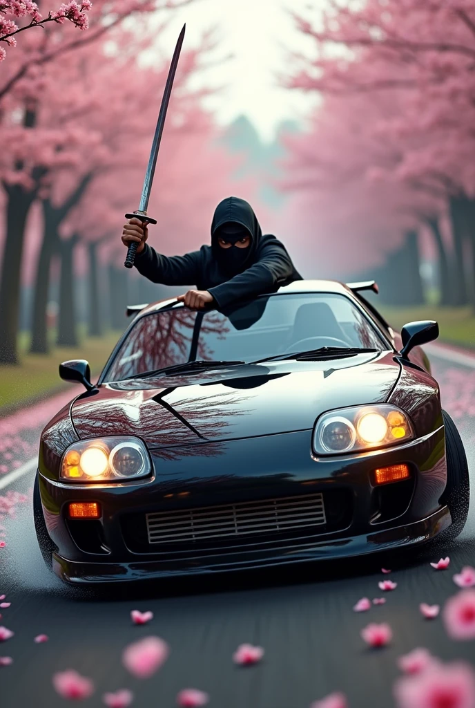 Generate a black old  supra driving and a man in the driver car window wearing a ninja mask holdin a shining katana and cherry blossom flowers flyig while the car is driving in 3d