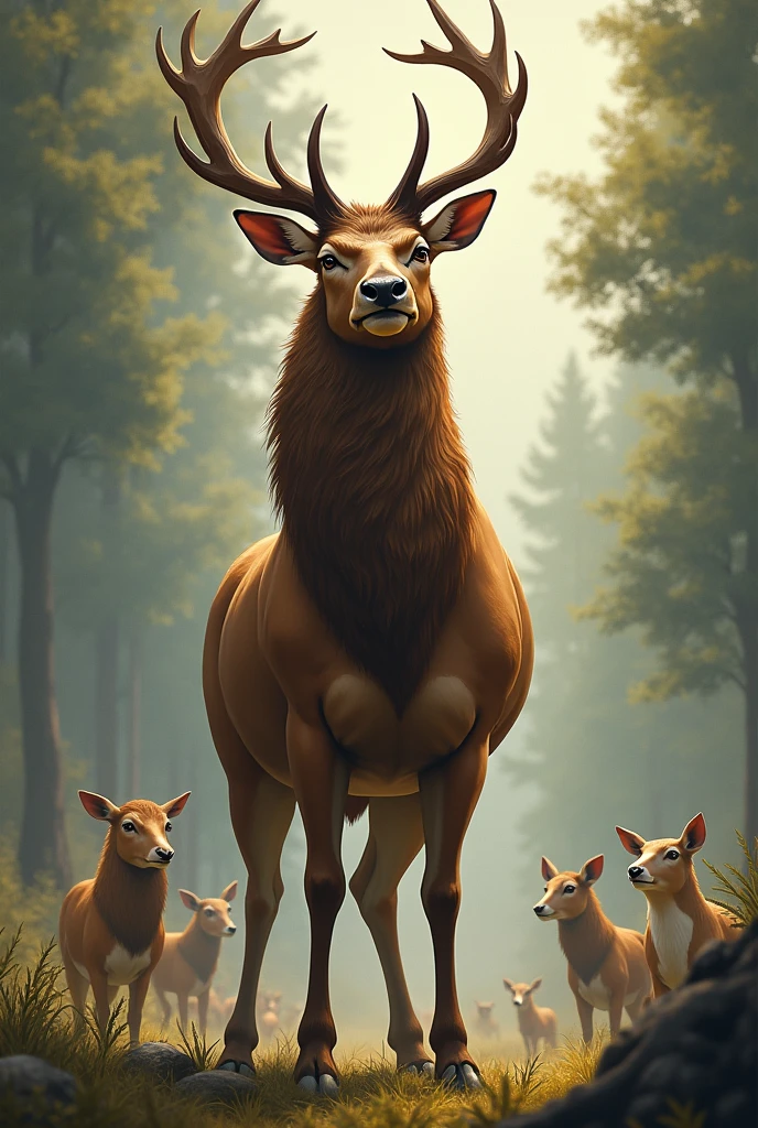 **Visual Elements:**
1. **Main Character:** A proud and arrogant deer (hiran) with an exaggerated, confident expression, perhaps with its chest puffed out or head held high.
2. **Additional Characters or Elements:** Consider adding other animals in the background or in a smaller size, looking at the deer with concerned or wary expressions, emphasizing the story’s moral.
3. **