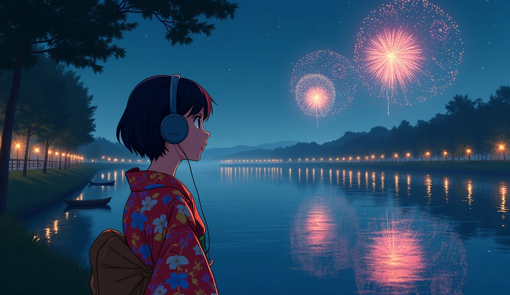 Perfect image, night、Calm atmosphere、Riverbank、Watch the fireworks、Female college student、yukata、Big Breasts、Short Hair、Use headphones、excited、looks fun、8k, 2D-style animation, Lo-Fi、Retro、Anime style illustrations、Line art with clear outlines