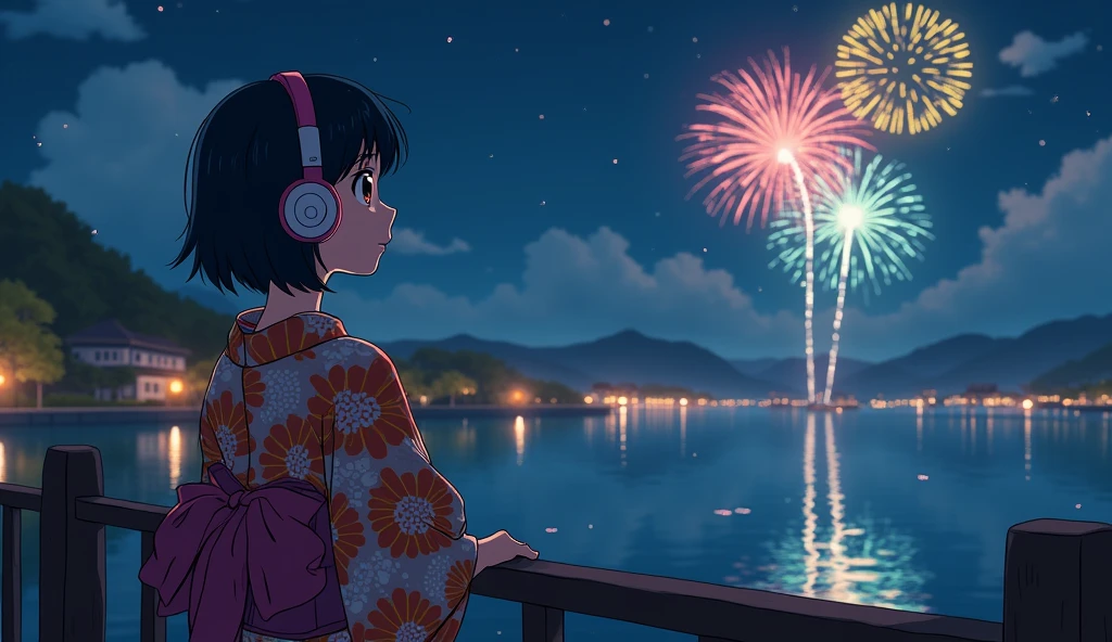 Perfect image, night、Calm atmosphere、Riverbank、Watch the fireworks、Female college student、yukata、Big Breasts、Short Hair、Use headphones、excited、looks fun、8k, 2D-style animation, Lo-Fi、Retro、Anime style illustrations、Line art with clear outlines