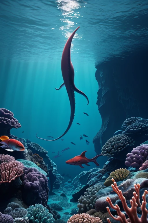 seabed, deep sea, Giant squid, Vibrant marine life, Calm and tranquil underwater environment, Ultra-realistic, 8k, Realistic, Cinema Lighting, Stunning colors, masterpiece