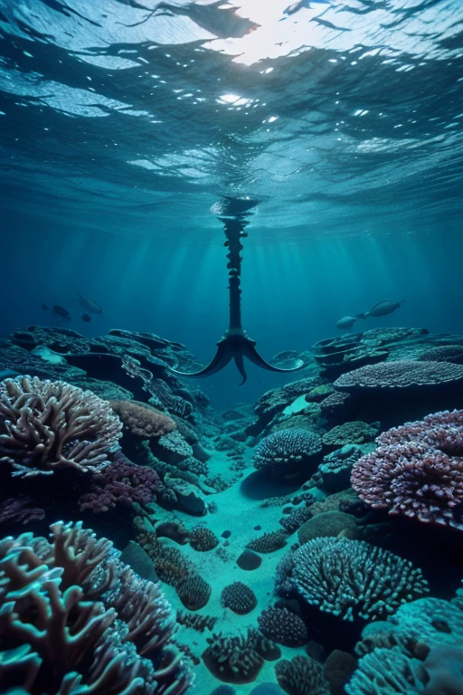seabed, deep sea, Giant squid, Vibrant marine life, Calm and tranquil underwater environment, Ultra-realistic, 8k, Realistic, Cinema Lighting, Stunning colors, masterpiece