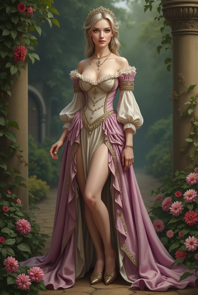A brunette girl with curly hair and big breasts sits with her legs stretched out, taking a realistic photo Draw me a woman 2 lived around 1850 was wealthy has blonde hair with grey streaks has purple eyes is very thin and very pretty and 160cm tall with stockings and she should look more realistic whole body like a photo she should wear a beautiful dress in with legs you can draw her like real longer and more elegant dress people similar to 1850 without labels on the side just the portrait the background should be a beautiful garden