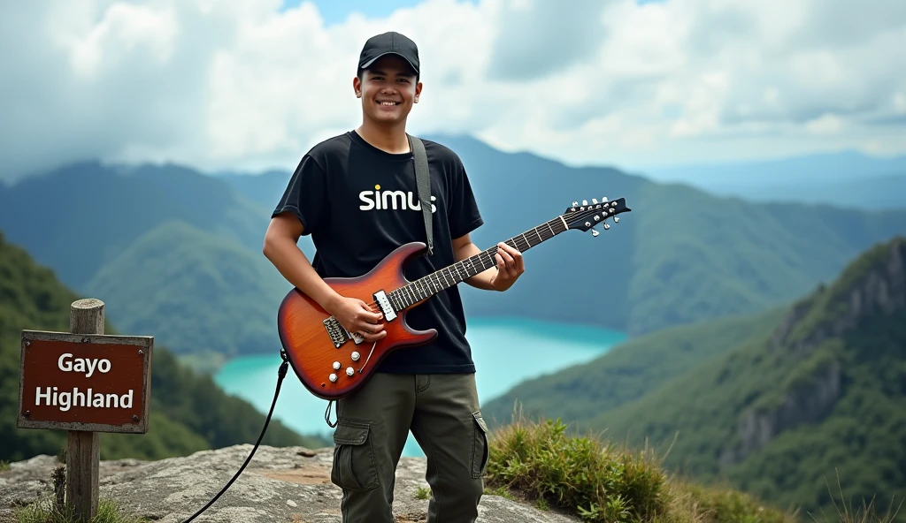 Professional photography of a Indonesian youngman in a baseball cap, loose black t-shirt that reads 'SiMus', cargo trousers, boots, standing on a mountain top, playing an electric guitar, as if playing, surrounded by rocky terrain with a view of the lake below. A sign reads "GAYO HIGHLAND", a partly cloudy sky adds to the background of the scene, as he smiles at the camera.