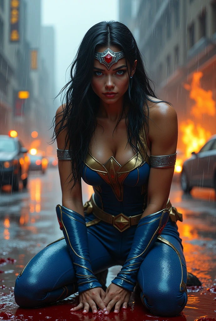 ((A beautiful woman under the mantle of the Amazon warrior Wonder Woman has long hair, black with a silver metal diaema this Diaema wears a red star on her forehead,His eyes are light blue. Her superheroine costume is samurai themed.. Usually (((Her costume includes a blue jumpsuit and a gold armor top over her jumpsuit.))) on her knees screaming exhausted after an extensive battle blood around her in a rainy apocalyptic city cars and buildings on fire)))