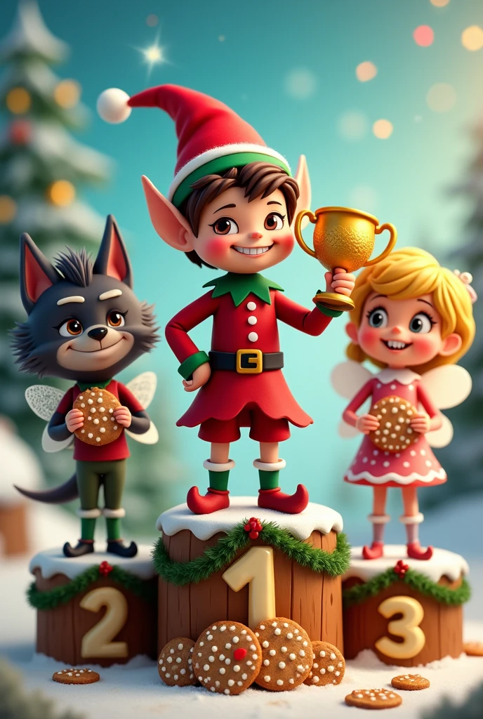 Santa's Elf with gingerbread cookies winner of the first place in the cookie contest, Secondly, the big bad wolf, and thirdly a fairy, with hard cookies and broken teeth, add an Olympic-style podium