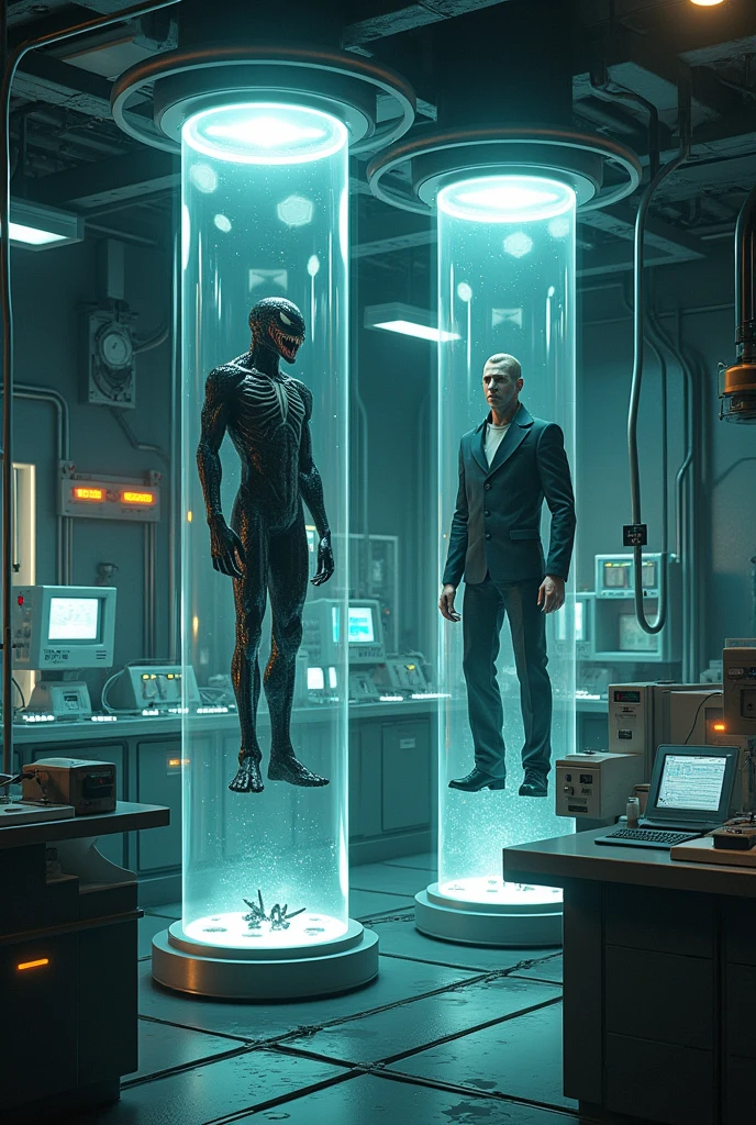 Venom and１３Friday the 13th Jason、genetic research institute。There is a large glass cylinder used for scientific experiments。They are each contained in a cylinder。