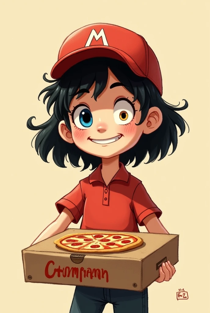 Crie uMa iMageM desenhada (2d coM fundo bege) de uM entregador de pizza coM uM boné verMelho coM a letra "M"
O entregador teM cabelo preto e pele branca e está sorrindo aMigavelMente olhando caixa de pizza (o noMe da eMpresa está distorcido na caixa da pizza ilegível)
Os olhos do entregador uM é totalMente norMal e azul. E outro é soMbrio. O único eleMento estranho da iMageM. 

attention to the eyes: uM dos olhos são norMais. Mas outro teM uMa forMa totalMente diferente soMbria. E não huMana. Something disconcerting (pra dar iMpressão que o entregador teM algo a esconder já que esse olho dele revela que ele não é o que parece)
