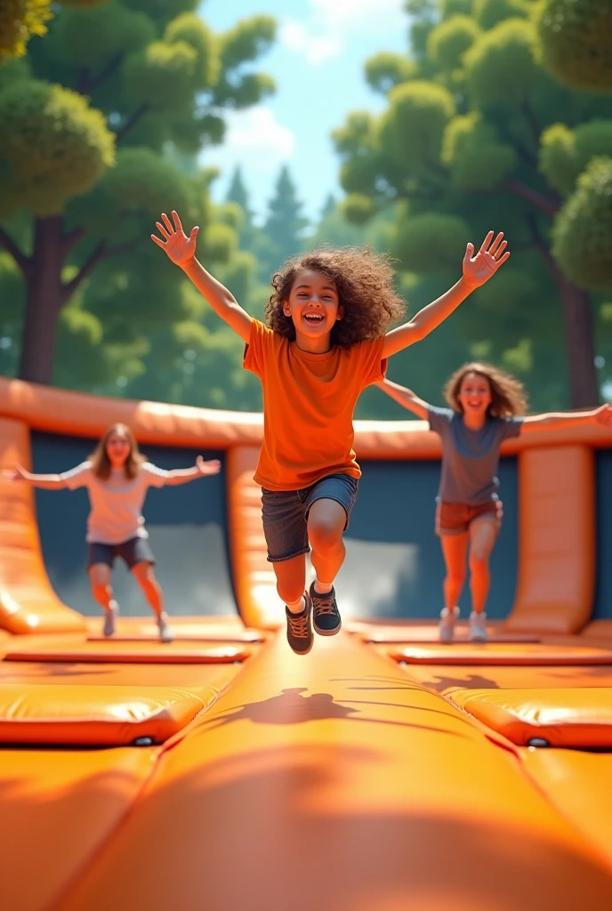 Des adolescents heureux dans un parc a trampolines orange