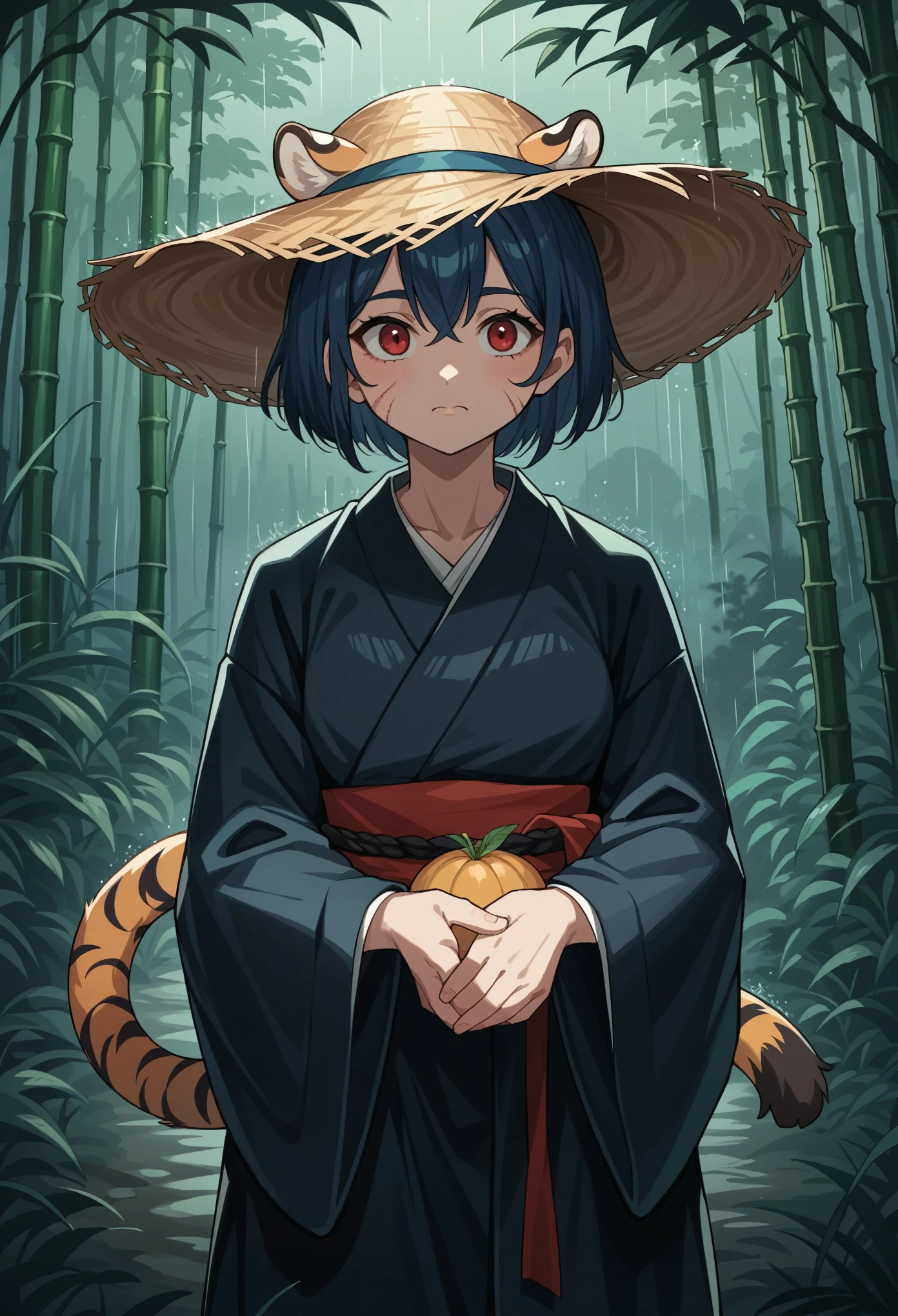 score_9, score_8_up, score_7_up, score_6_up, score_5_up, score_4_up, BREAK source_furry, source_anthro, source_anime, rating_safety, 
1girl, ((cute face, face with ugly scars)), human with tiger features, best quality, moody, dark, bamboo straw hat, detailed raindrop effect, rain weather, rain, bamboo forest, moonlit night, night scene, black kimono with glowing red stripes, shining katana, epic scene