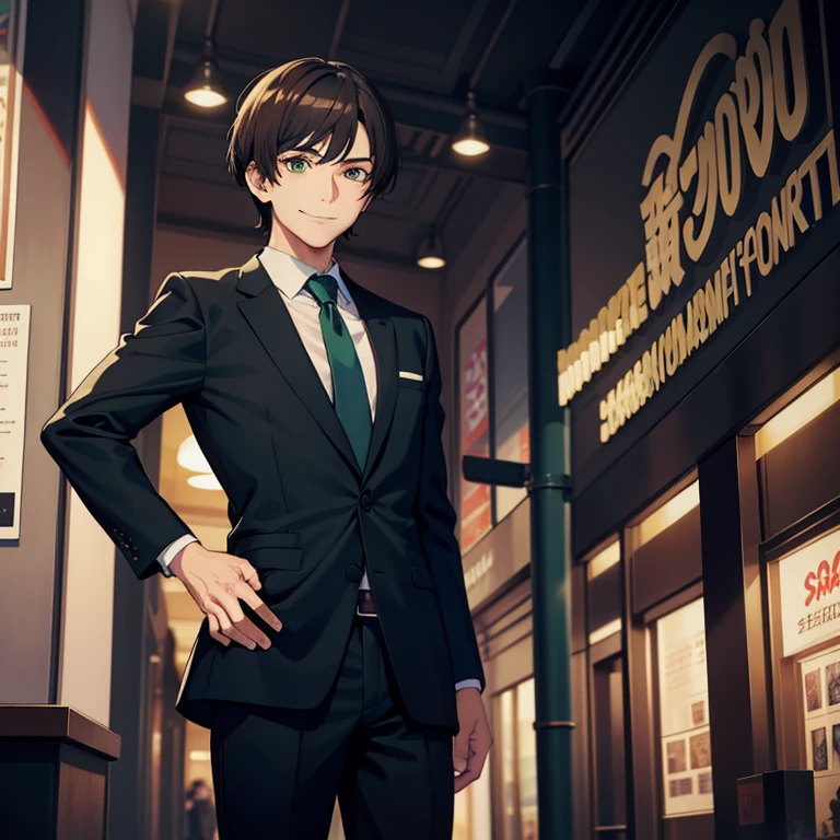 Masterpiece, best quality, high quality, 1man, Solo, has Black short hair, has Green eyes, wears Black suit with Blue tie, in the mall, Japanese comic style, Smile, A woman with long brown hair standing next to her, sunny day