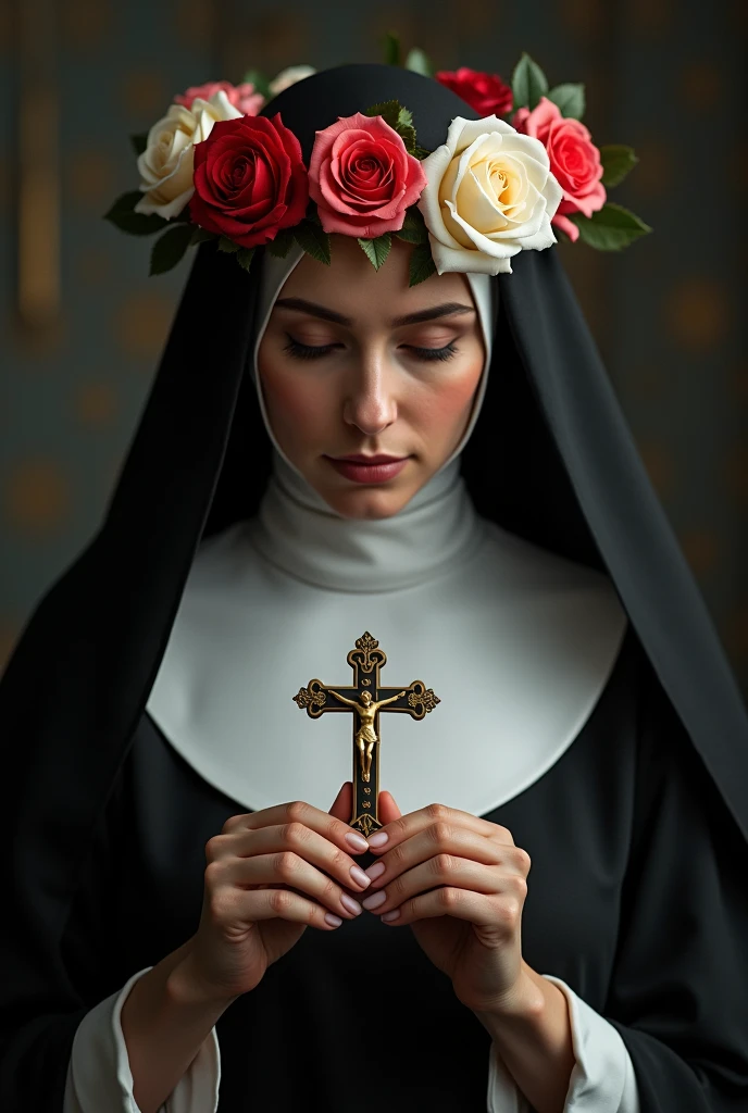 a woman dressed in nun's clothes, black and white outfit, on the head a crown of roses, holding a crucifix, serene and compassionate look, ultra realistic image, the color of roses are red white and pink, she is looking at the crucifix, she has a serene and compassionate look