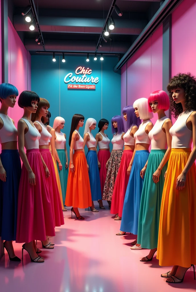 I want a background full of different colors and sizes of skirts on one side and another side different colors and sizes of hairs from black to white and blue and brown
With a brand name chic couture and motto fi the boss gyals in a store with hangers 
