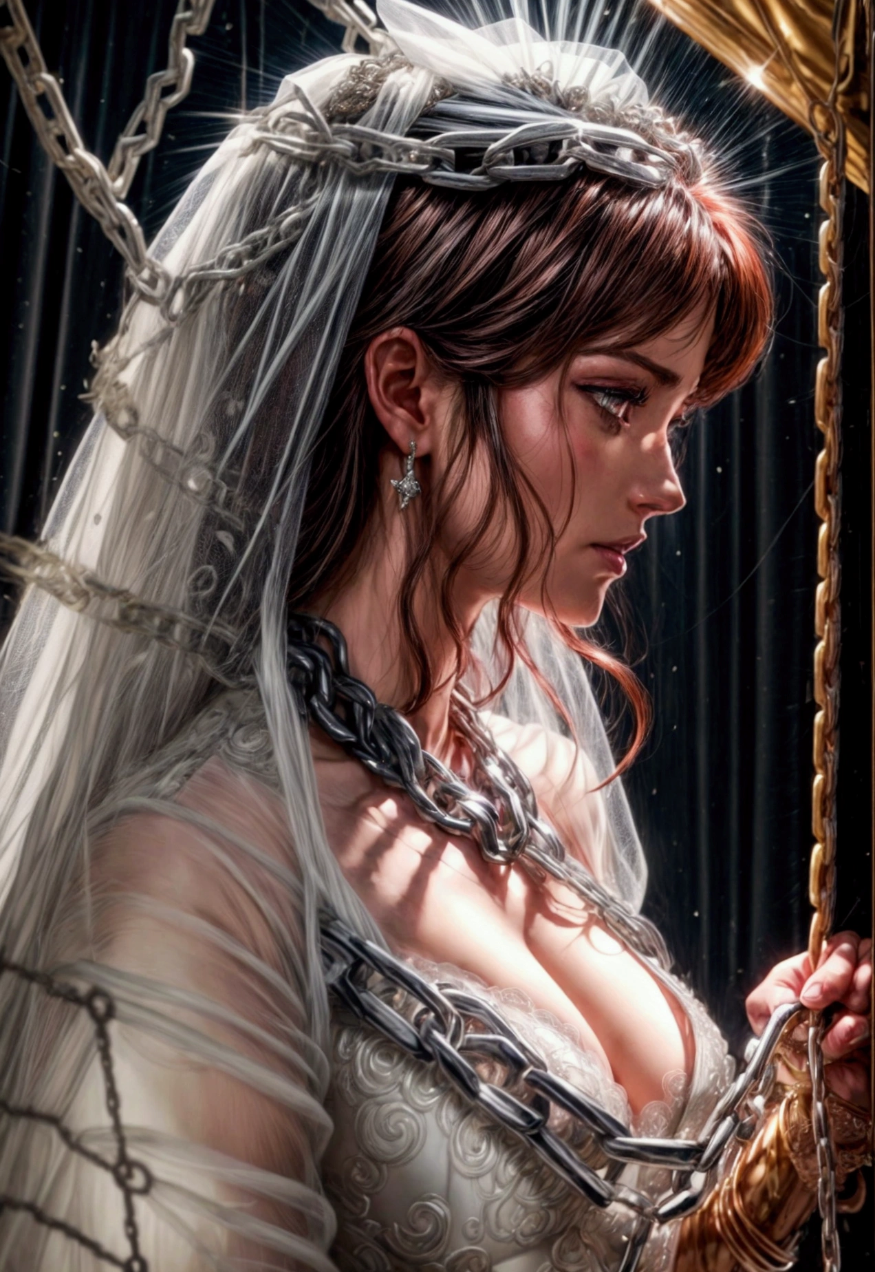 oil painting anime comic art, Julie Bell art of a groom held by ((radiant chains: 1.2)), in his wedding day and his bride, a handsome groom, wearing suit and tie, BREAK AND a beautiful, sexy bride, busty bride, wearing white lace wedding dress, the chain holds the groom, with chains, the chain forms the shape of red glowing heart, cinematic light, High Detail, Ultra High Quality, High Resolution, 16K Resolution, Ultra HD Pictures, Ultra Realistic, Clear Details, Realistic Detail, Ultra High Definition, rpg portrait, chain leash, Comistyle