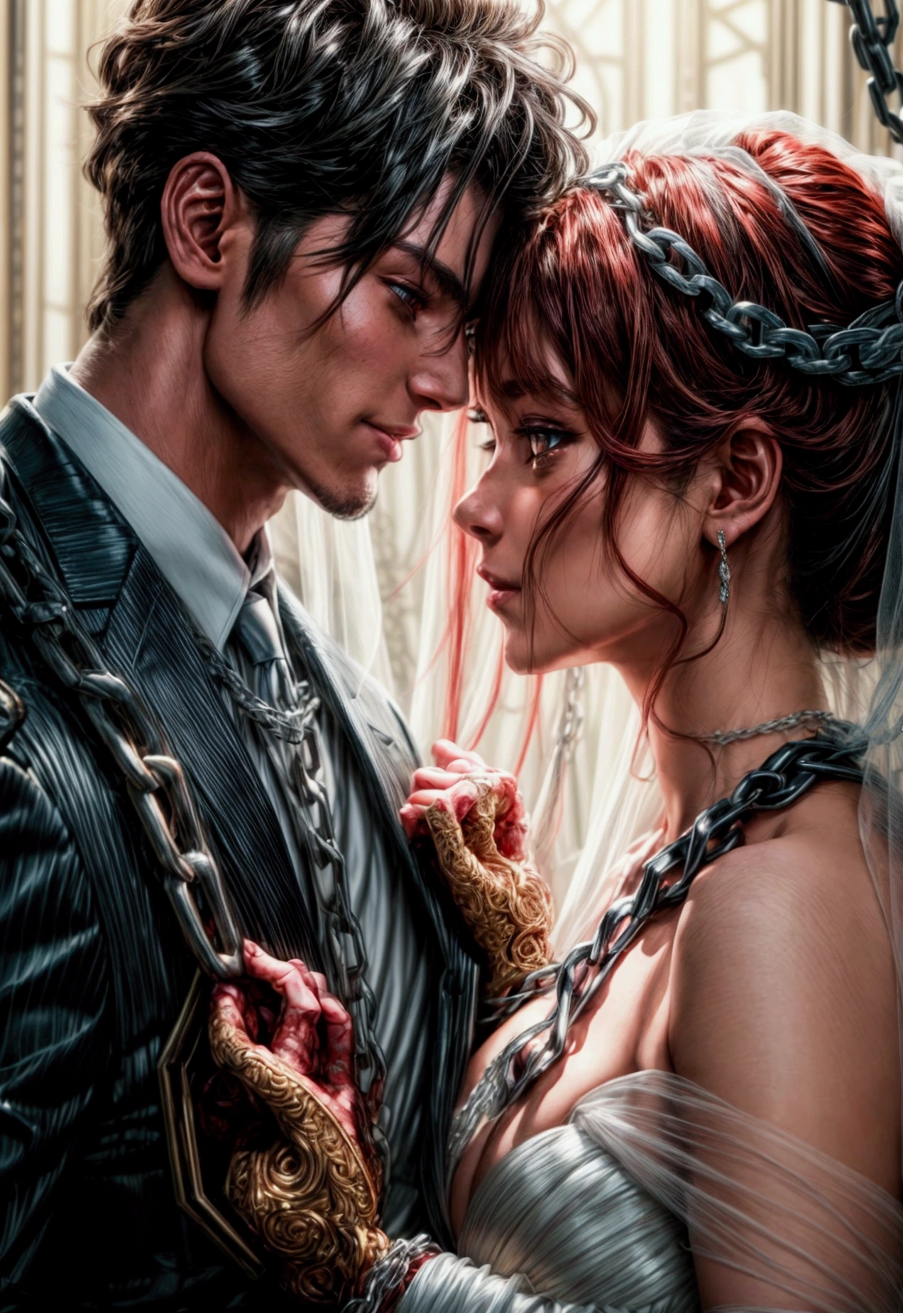 oil painting anime comic art, Julie Bell art of a groom held by ((radiant chains: 1.2)), in his wedding day and his bride, a handsome groom, wearing suit and tie, BREAK AND a beautiful, sexy bride, busty bride, wearing white lace wedding dress, the chain holds the groom, with chains, the chain forms the shape of red glowing heart, cinematic light, High Detail, Ultra High Quality, High Resolution, 16K Resolution, Ultra HD Pictures, Ultra Realistic, Clear Details, Realistic Detail, Ultra High Definition, rpg portrait, chain leash, Comistyle