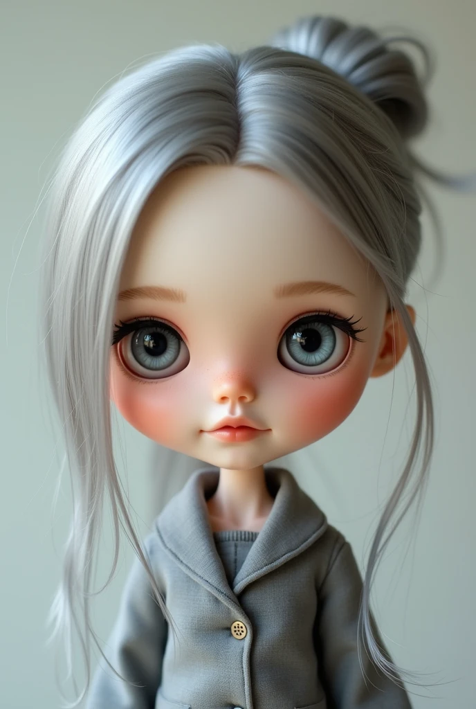 blythe doll smiling with fair skin, grey hair and grey clothes