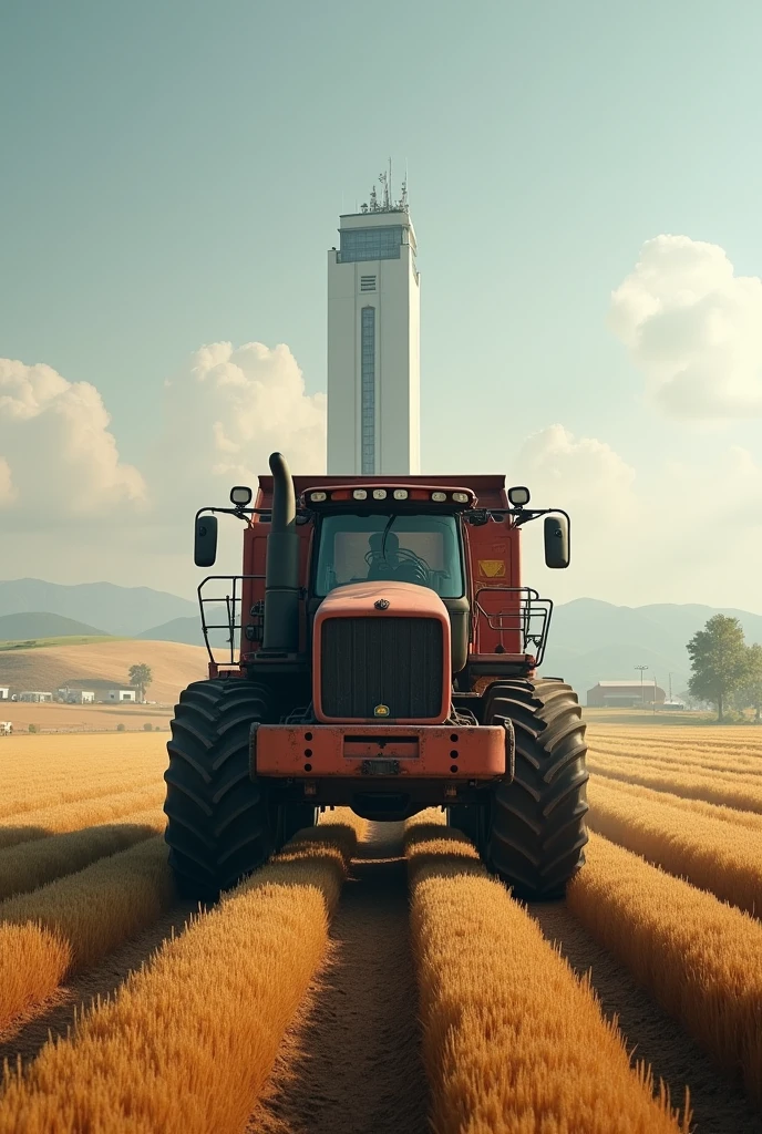 A farming truck on a huge farming land, a tall building on a far behind